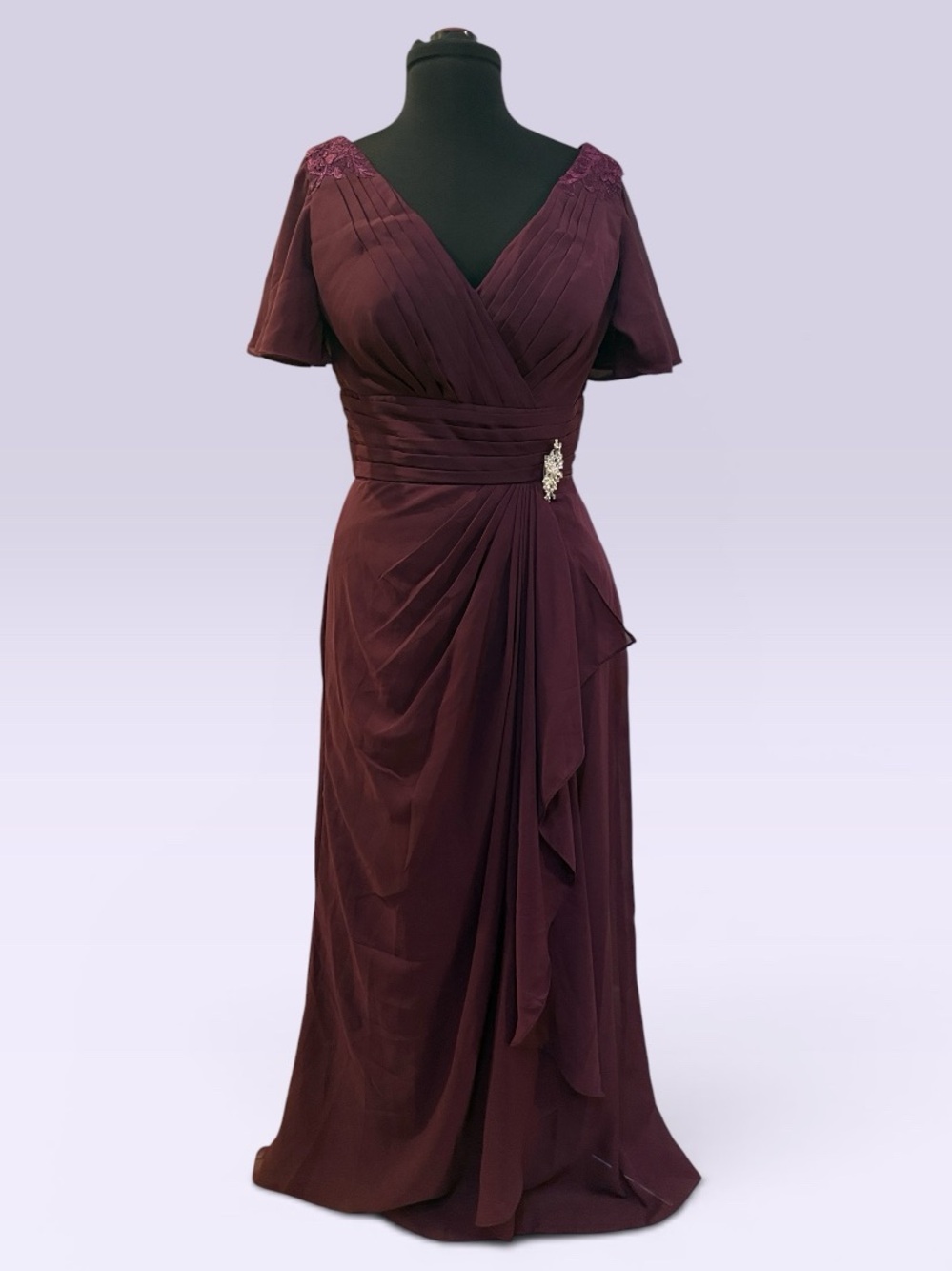 V-Neck Plum Maxi Dress with Draped Waist Detail